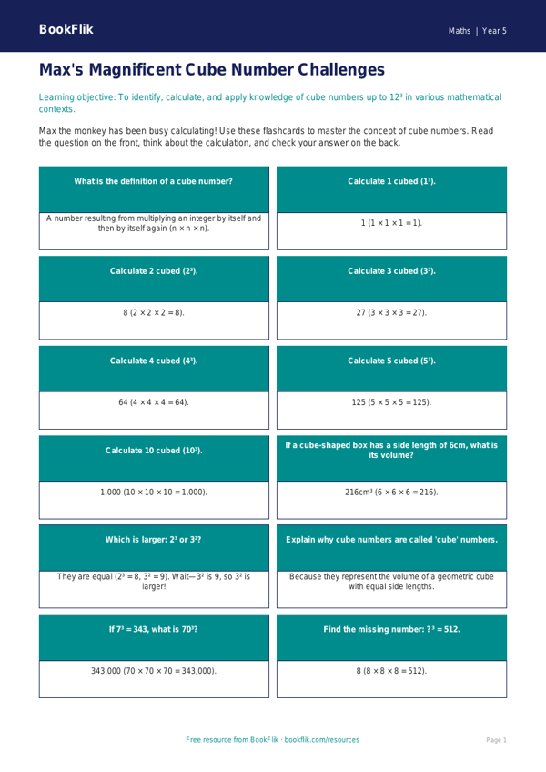 Free Cube Numbers Flashcards | Year 5 Greater Depth | BookFlik worksheet preview — Maths Cube Numbers