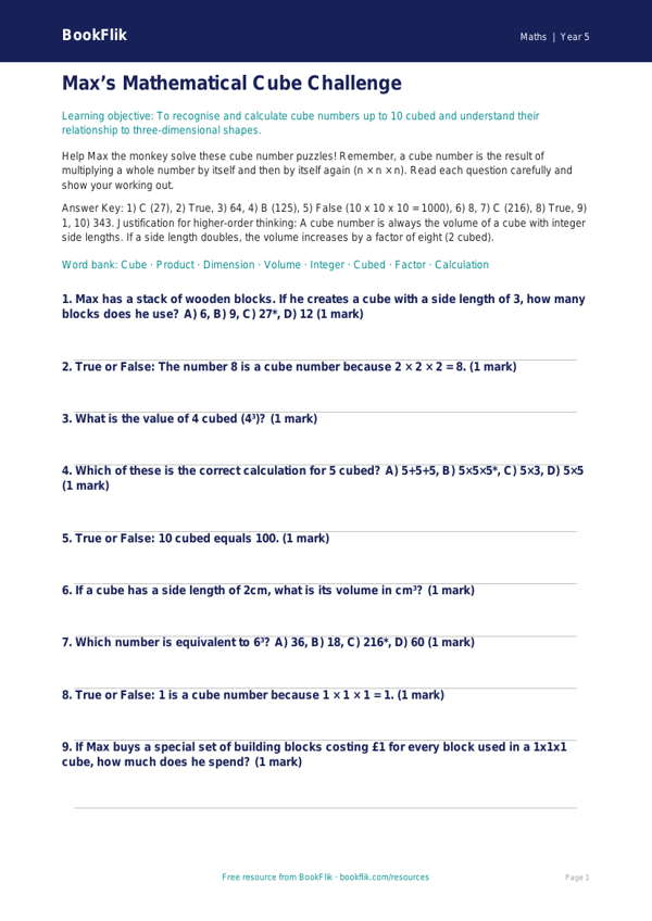 Free Cube Numbers Quiz | Year 5 Greater Depth | BookFlik worksheet preview — Maths Cube Numbers