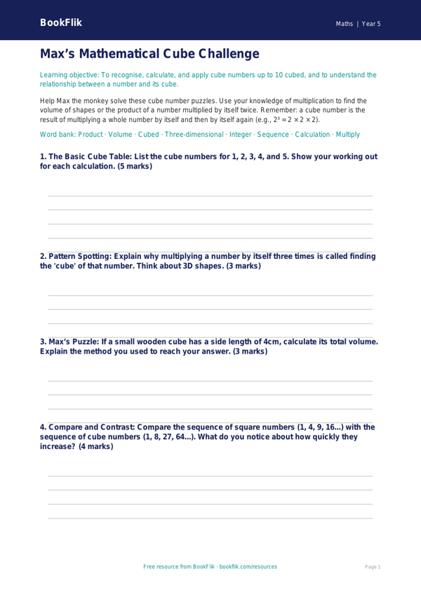 Free Cube Numbers Template | Year 5 Greater Depth | BookFlik worksheet preview — Maths Cube Numbers