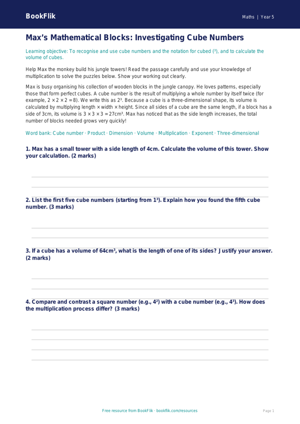Free Cube Numbers Track Sheet | Year 5 Greater Depth | BookFlik worksheet preview — Maths Cube Numbers
