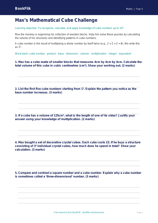 Free Cube Numbers Worksheet | Year 5 Greater Depth | BookFlik worksheet preview — Maths Cube Numbers