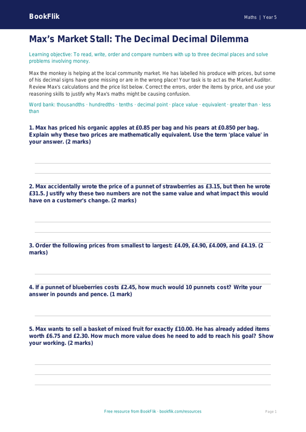 Free Decimals Activity Sheet | Year 5 Greater Depth | BookFlik worksheet preview — Maths Decimals