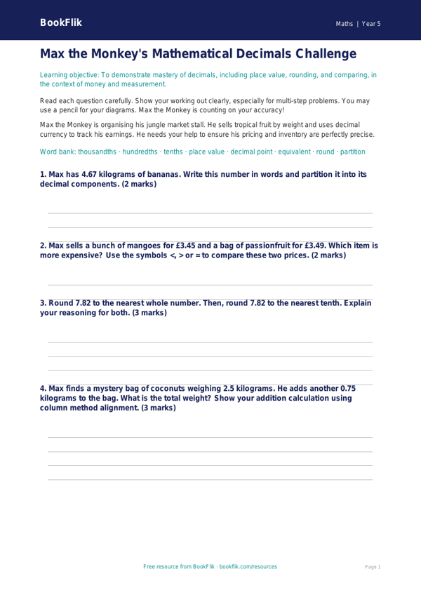 Free Decimals Assessment | Year 5 Greater Depth | BookFlik worksheet preview — Maths Decimals
