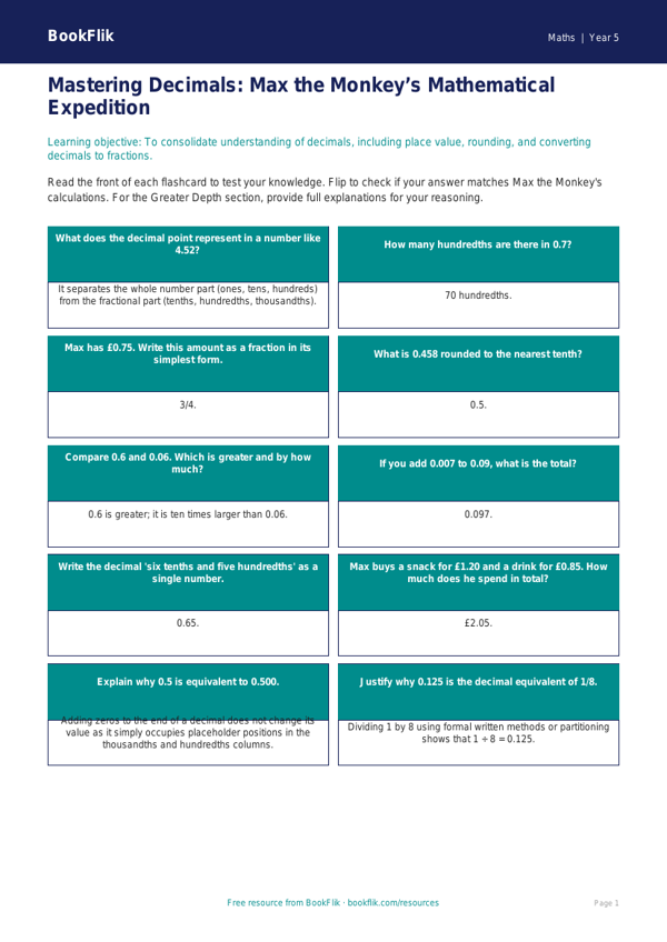 Free Decimals Flashcards | Year 5 Greater Depth | BookFlik worksheet preview — Maths Decimals