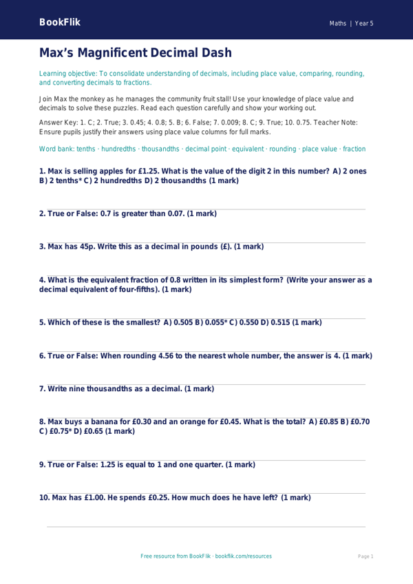 Free Decimals Quiz | Year 5 Greater Depth | BookFlik worksheet preview — Maths Decimals