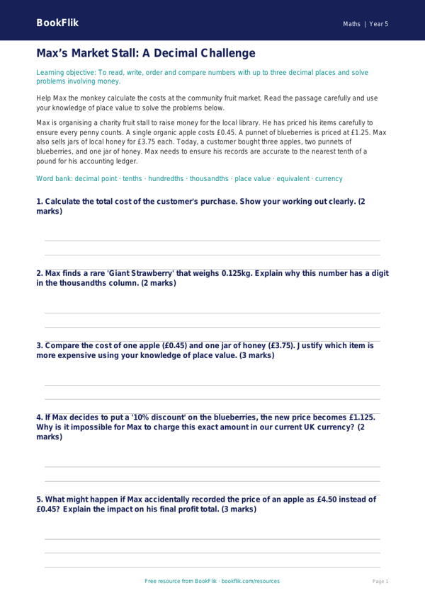 Free Decimals Track Sheet | Year 5 Greater Depth | BookFlik worksheet preview — Maths Decimals
