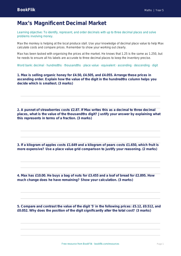 Free Decimals Worksheet | Year 5 Greater Depth | BookFlik worksheet preview — Maths Decimals