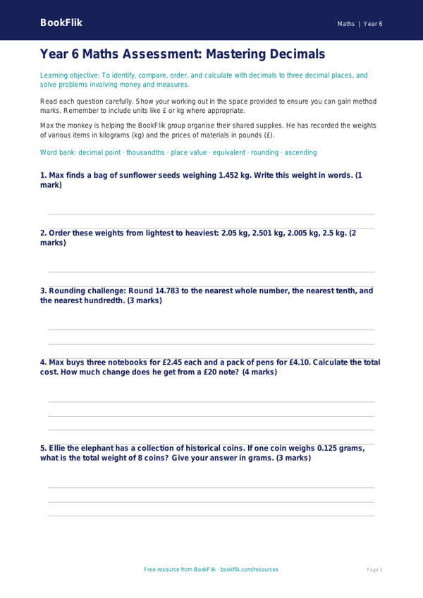 Free Decimals Assessment | Year 6 Core | BookFlik worksheet preview — Maths Decimals