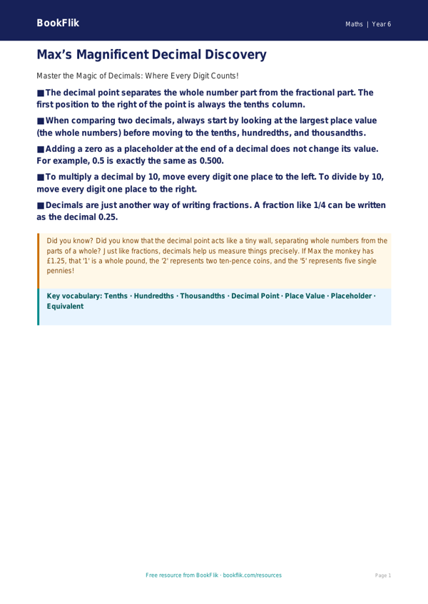 Free Decimals Poster | Year 6 Core | BookFlik worksheet preview — Maths Decimals