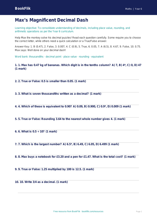 Free Decimals Quiz | Year 6 Core | BookFlik worksheet preview — Maths Decimals
