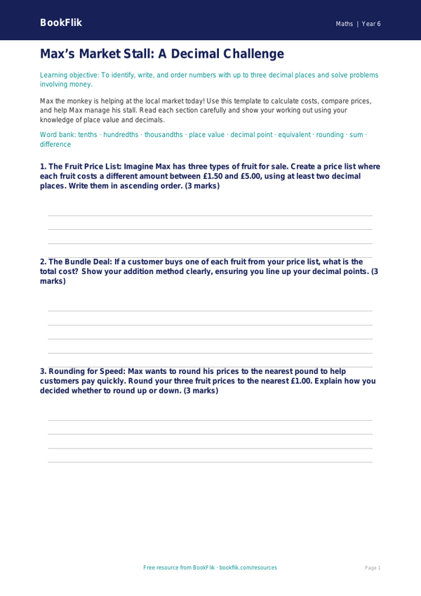 Free Decimals Worksheet | Year 6 Math Practice | BookFlik worksheet preview — Maths Decimals