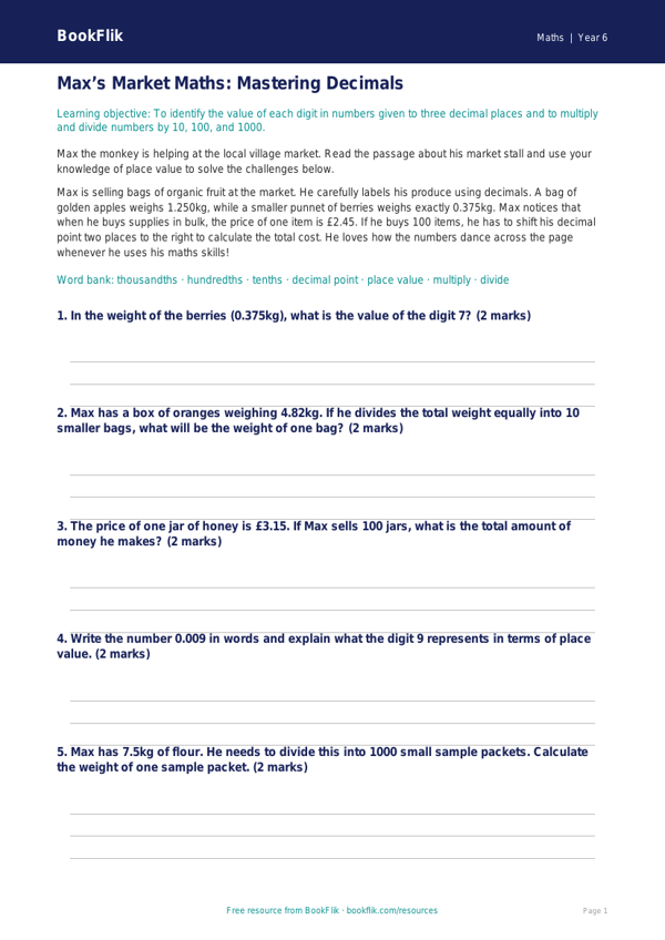 Free Decimals Track Sheet | Year 6 Core | BookFlik worksheet preview — Maths Decimals