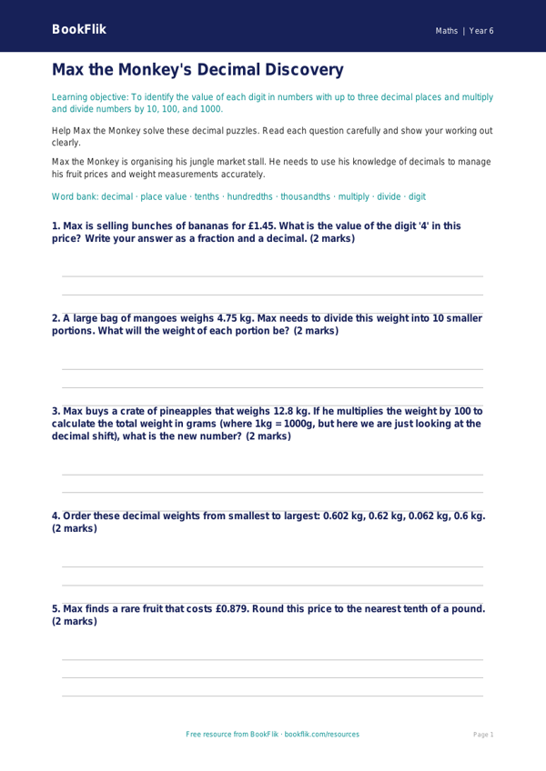 Free Decimals Worksheet | Year 6 Core | BookFlik worksheet preview — Maths Decimals
