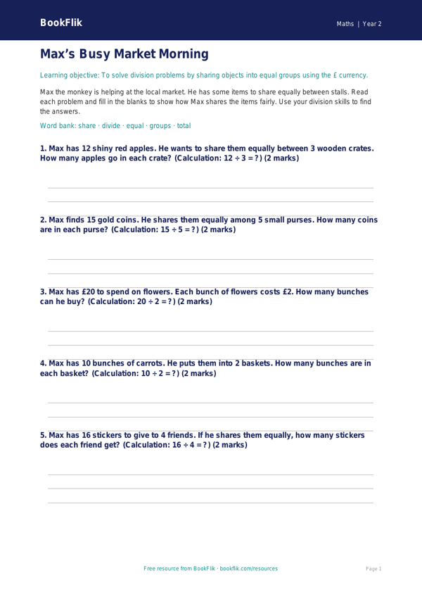 Free Division Activity Sheet | Year 2 Core | BookFlik worksheet preview — Maths Division