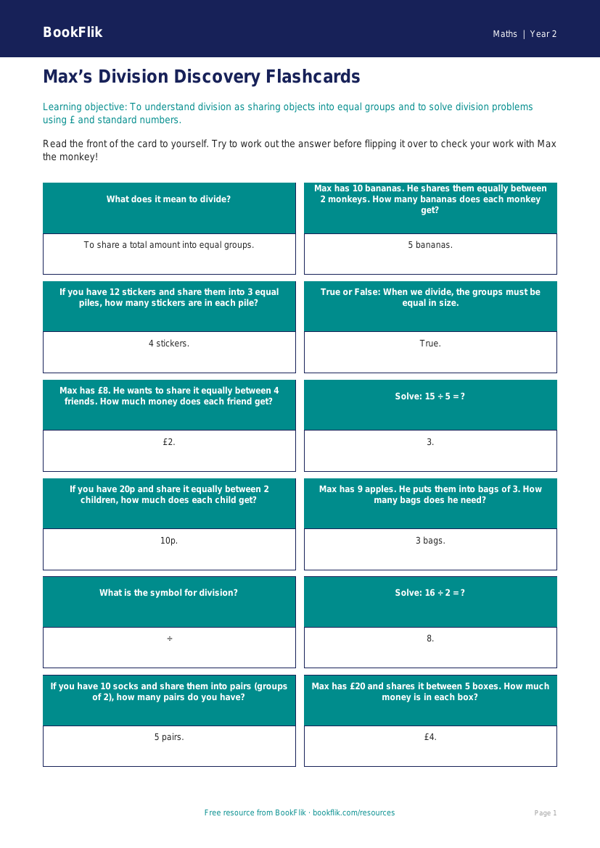 Free Division Flashcards | Year 2 Core | BookFlik worksheet preview — Maths Division