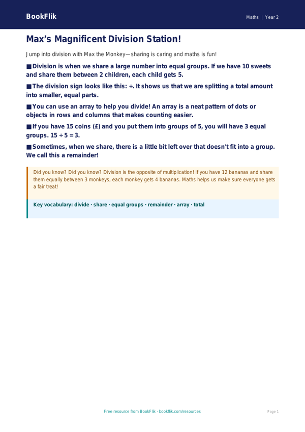 Free Division Poster | Year 2 Core | BookFlik worksheet preview — Maths Division