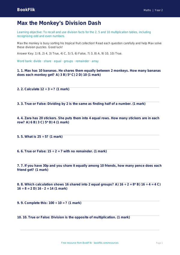 Free Division Quiz | Year 2 Core | BookFlik worksheet preview — Maths Division