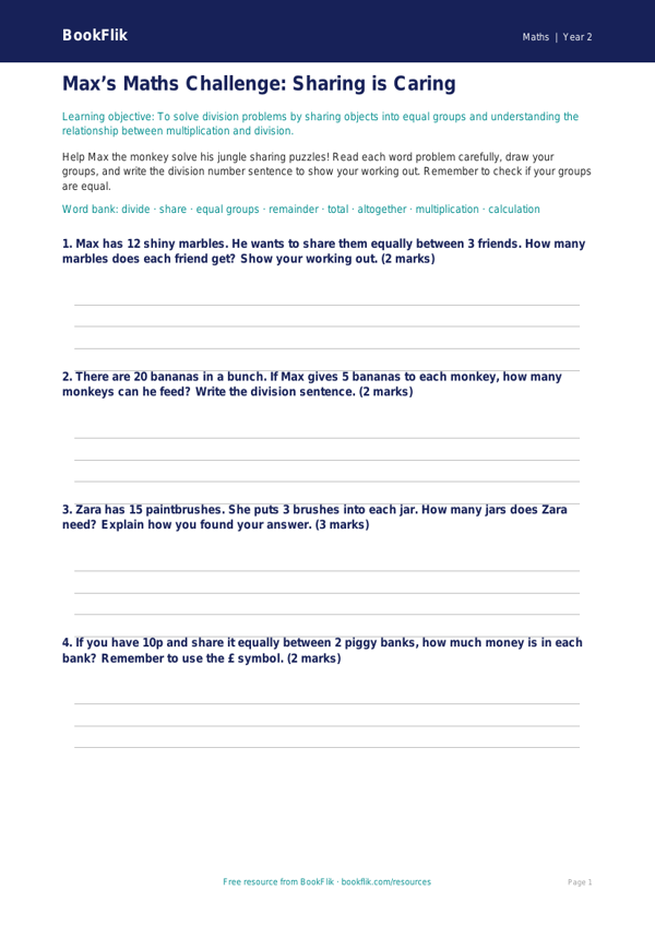 Free Division Template | Year 2 Core | BookFlik worksheet preview — Maths Division