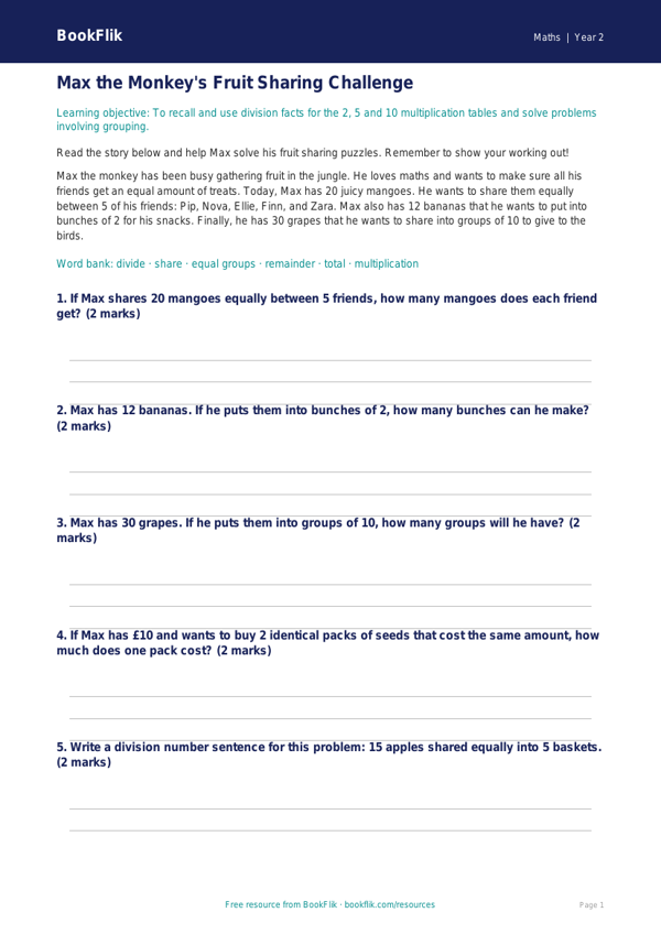 Free Division Track Sheet | Year 2 Core | BookFlik worksheet preview — Maths Division