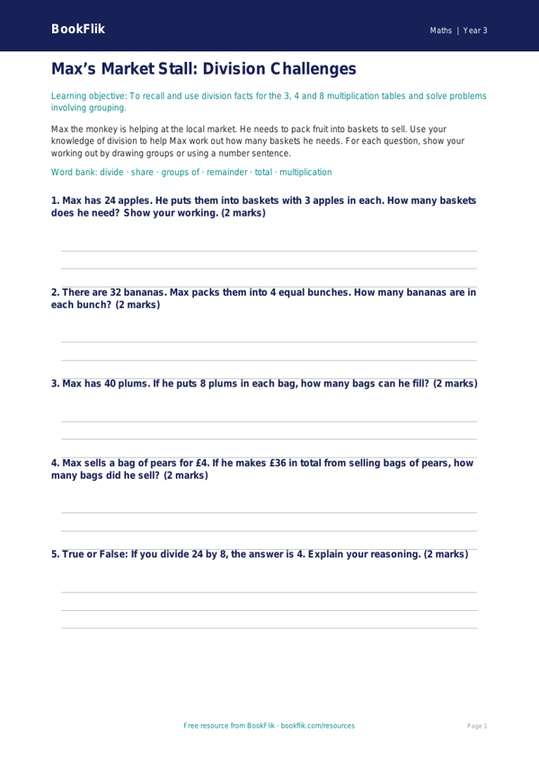Free Division Activity Sheet | Year 3 Core | BookFlik worksheet preview — Maths Division