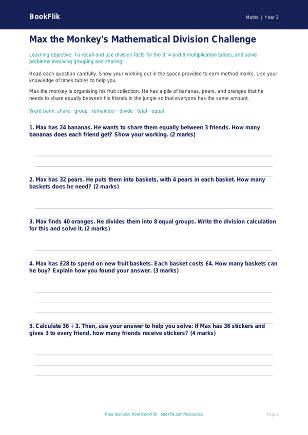 Free Division Assessment | Year 3 Core | BookFlik worksheet preview — Maths Division