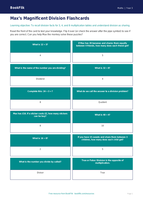 Free Division Flashcards | Year 3 Core | BookFlik worksheet preview — Maths Division