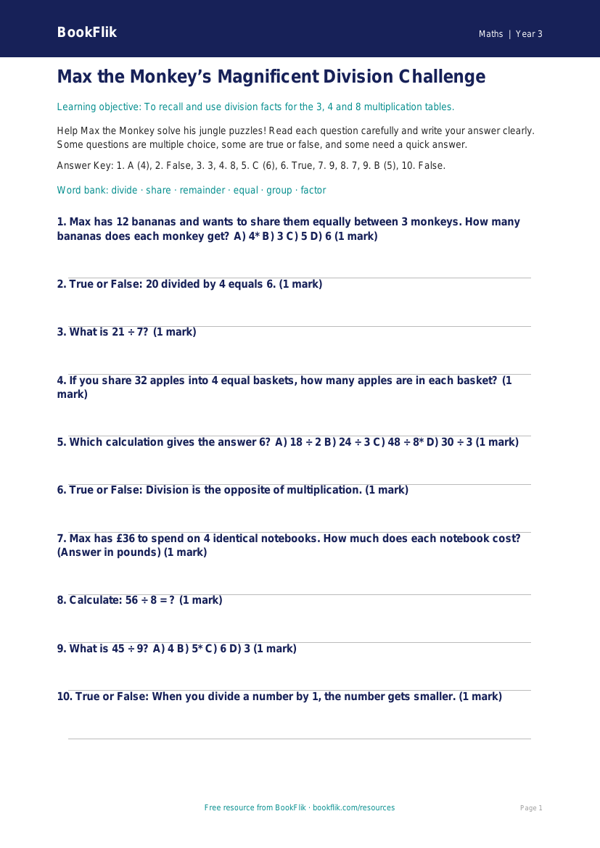 Free Division Quiz | Year 3 Core | BookFlik worksheet preview — Maths Division