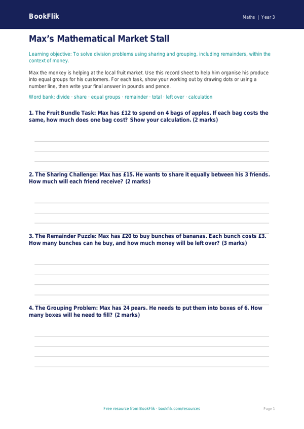 Free Division Template | Year 3 Core | BookFlik worksheet preview — Maths Division