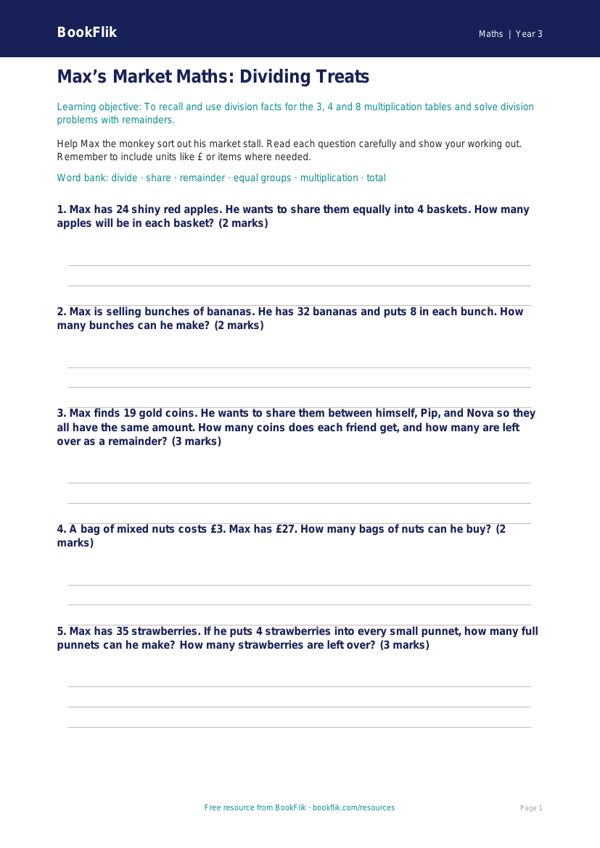 Free Division Worksheet | Year 3 Core | BookFlik worksheet preview — Maths Division
