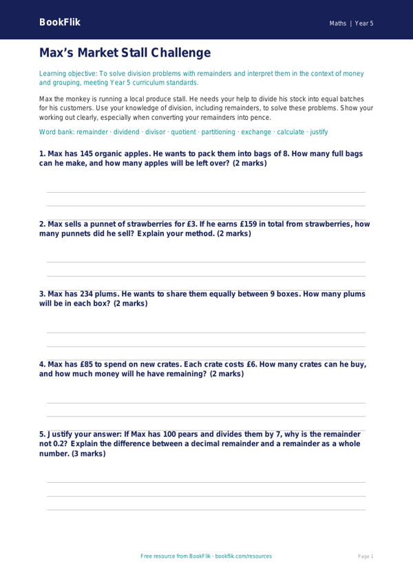 Free Division Activity Sheet | Year 5 Greater Depth | BookFlik worksheet preview — Maths Division
