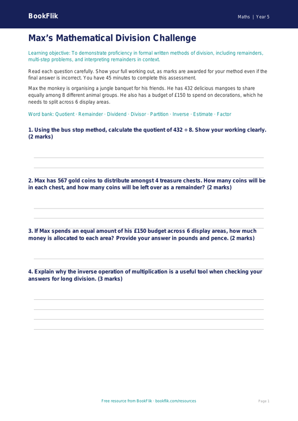 Free Division Assessment | Year 5 Greater Depth | BookFlik worksheet preview — Maths Division