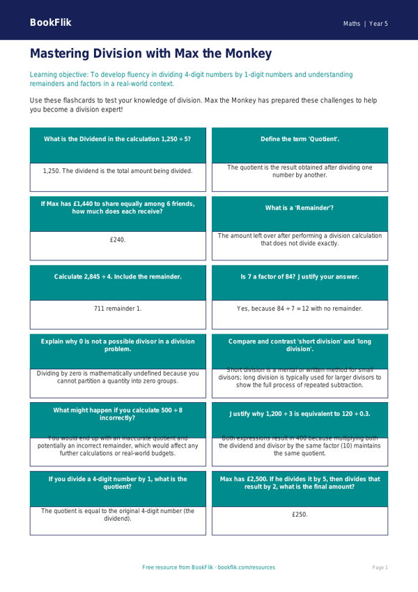 Free Division Flashcards | Year 5 Greater Depth | BookFlik worksheet preview — Maths Division