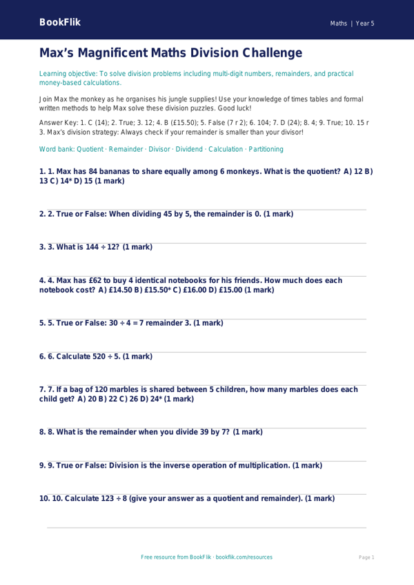 Free Division Quiz | Year 5 Greater Depth | BookFlik worksheet preview — Maths Division