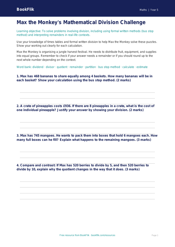 Free Division Worksheet | Year 5 Greater Depth | BookFlik worksheet preview — Maths Division