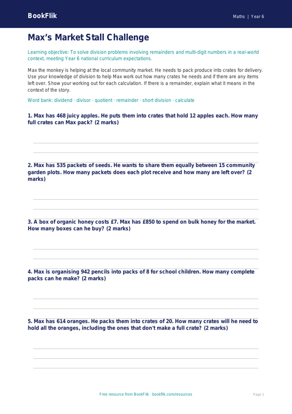 Free Division Activity Sheet | Year 6 Core | BookFlik worksheet preview — Maths Division