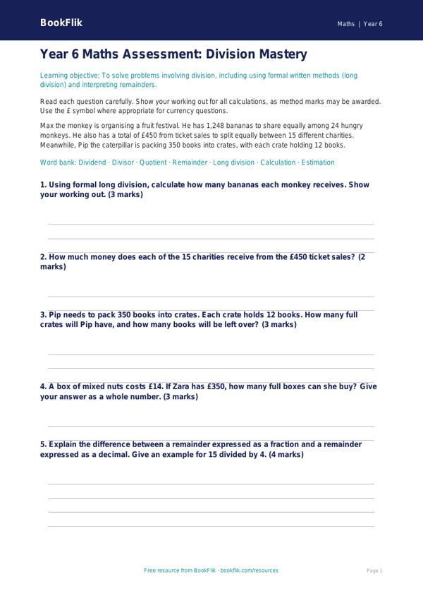 Free Division Assessment | Year 6 Core | BookFlik worksheet preview — Maths Division