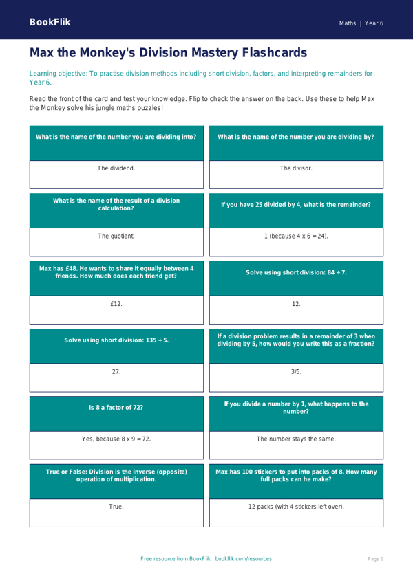 Free Division Flashcards | Year 6 Core | BookFlik worksheet preview — Maths Division