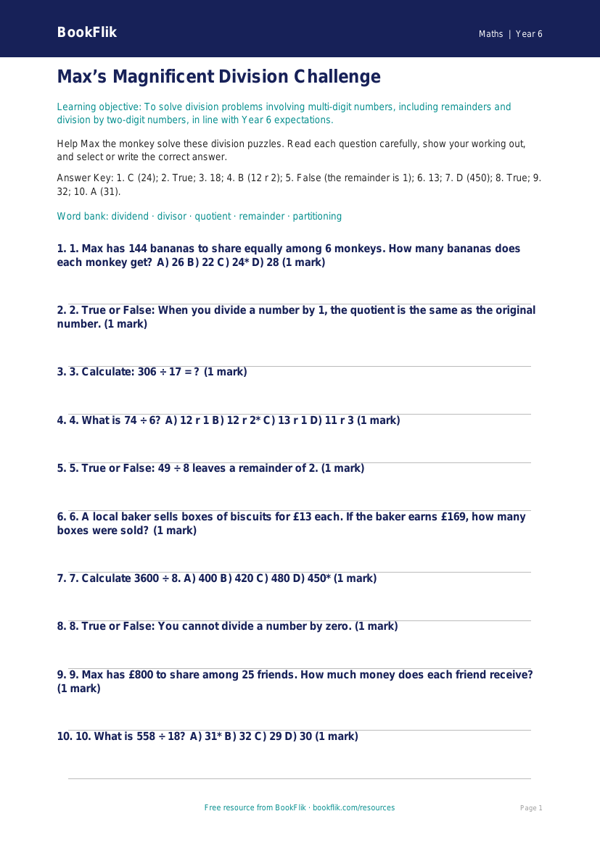 Free Division Quiz | Year 6 Core | BookFlik worksheet preview — Maths Division