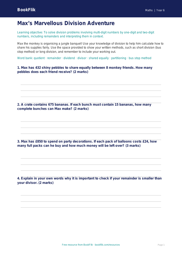 Free Division Template | Year 6 Core | BookFlik worksheet preview — Maths Division