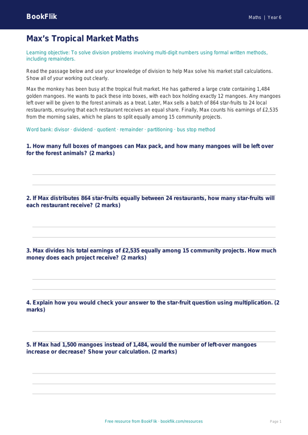 Free Division Track Sheet | Year 6 Core | BookFlik worksheet preview — Maths Division