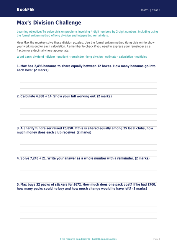 Free Division Worksheet | Year 6 Core | BookFlik worksheet preview — Maths Division