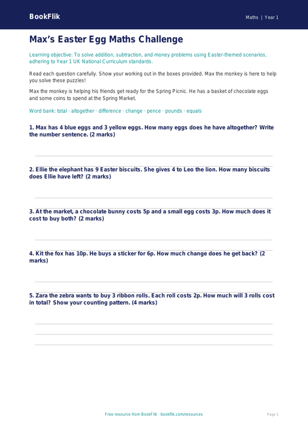 Free Easter Maths Assessment | Year 1 Core | BookFlik worksheet preview — Maths Easter Maths
