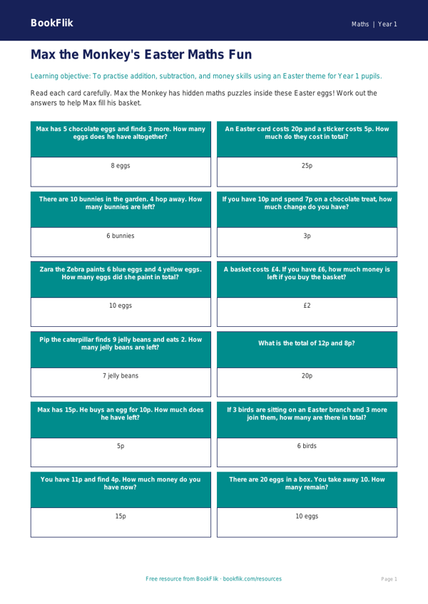 Free Easter Maths Flashcards | Year 1 Core | BookFlik worksheet preview — Maths Easter Maths