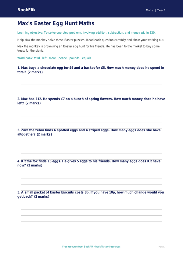 Free Easter Maths Worksheet | Year 1 Core | BookFlik worksheet preview — Maths Easter Maths