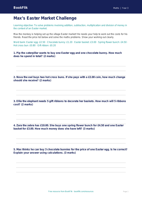 Free Easter Maths Activity Sheet | Year 3 Core | BookFlik worksheet preview — Maths Easter Maths