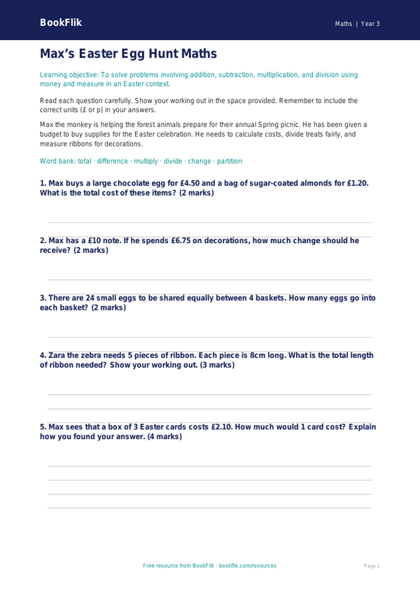 Free Easter Maths Assessment | Year 3 Core | BookFlik worksheet preview — Maths Easter Maths