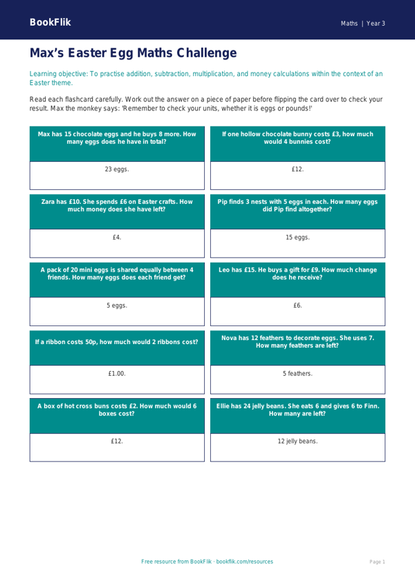 Free Easter Maths Flashcards | Year 3 Core | BookFlik worksheet preview — Maths Easter Maths