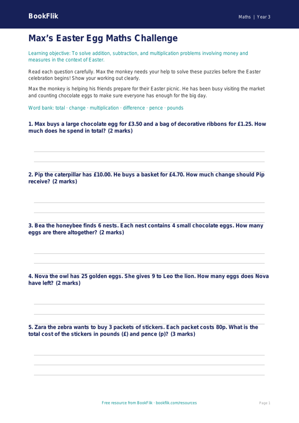 Free Easter Maths Worksheet | Year 3 Core | BookFlik worksheet preview — Maths Easter Maths