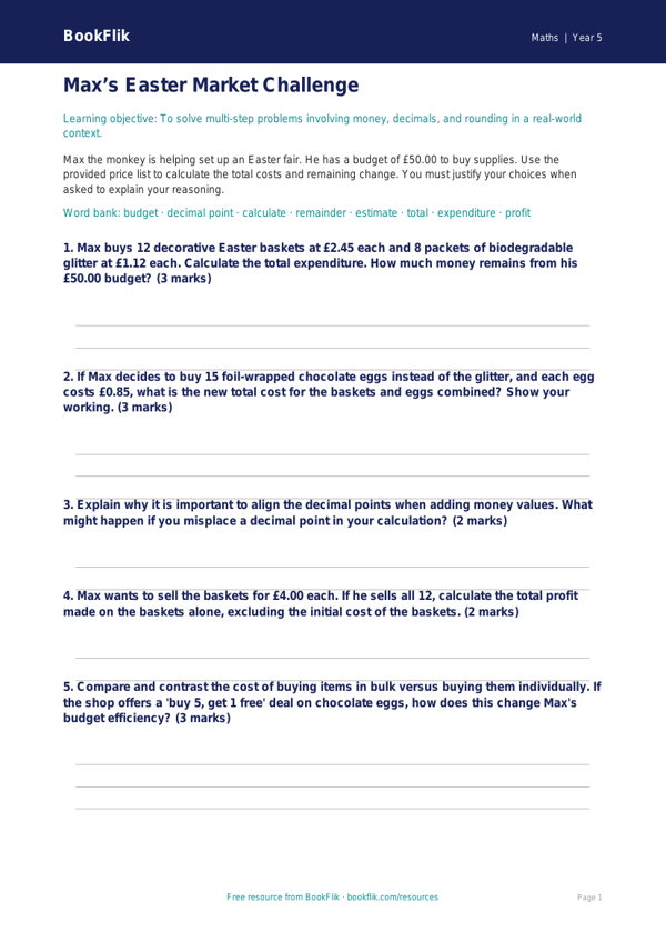 Free Easter Maths Activity Sheet | Year 5 Greater Depth | BookFlik worksheet preview — Maths Easter Maths