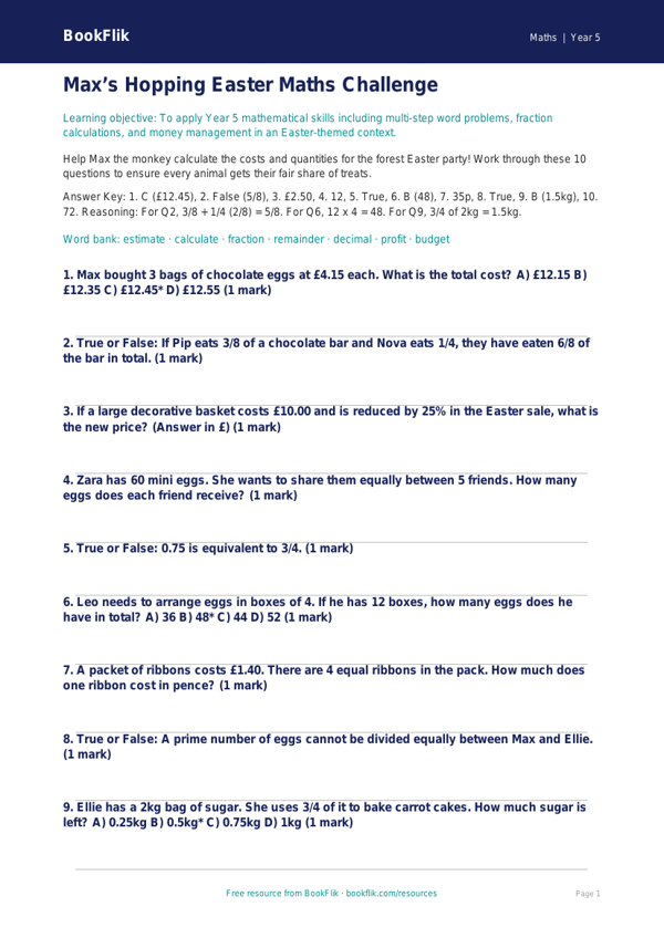 Free Easter Maths Quiz | Year 5 Greater Depth | BookFlik worksheet preview — Maths Easter Maths